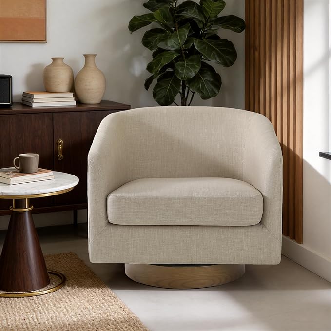 Swivel Barrel Chair 31 W Modern Round Swivel Accent Chair for Living Room 360° Rotation Upholstered Linen Fabric Armchair Club Chair for Bedroom Reading Room Office (Light Brown)