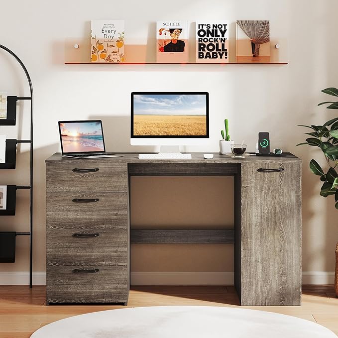 Giantex Computer Desk with Drawers 53 Inch Home Office Desk with Charging Stations Storage Cabinet &amp 5-Level Adjustable Shelf Makeup Vanity Table Writing Desk Modern Executive Desk Grey Oak