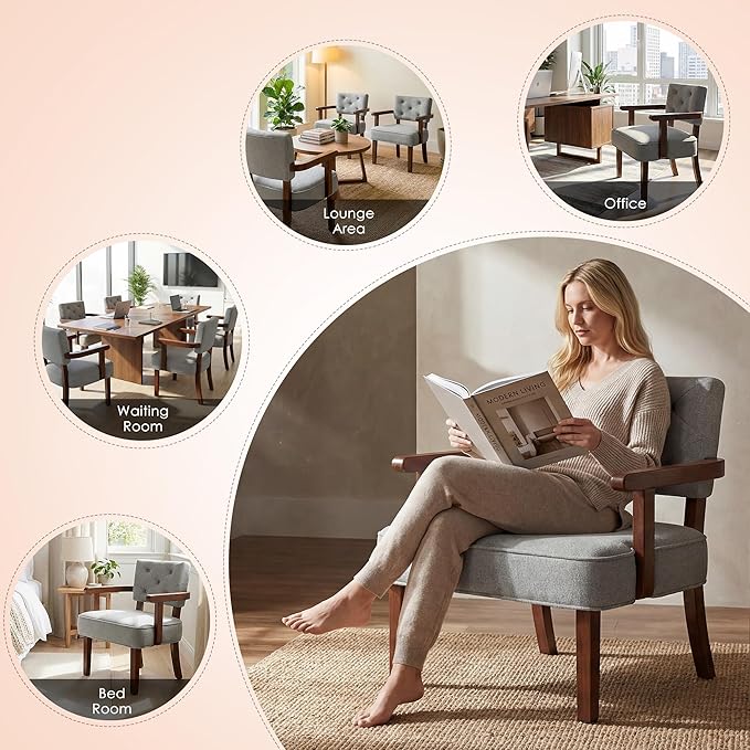Versatile Side Arm Chair Small Modern Accent Chair Upholstered Wooden Armchair Corner Chair with Arm RestTufted Backrest Cushion for OfficeWaiting/Reading/Living Room Grey