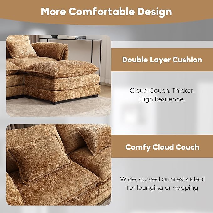 L Shaped Sectional Sofa Cloud Couch for Living Room 112 Chenille Comfy Boucle Modular Sleeper Sofa Modern Upholstery Sofas with Ottoman &amp Memory Foam Brown
