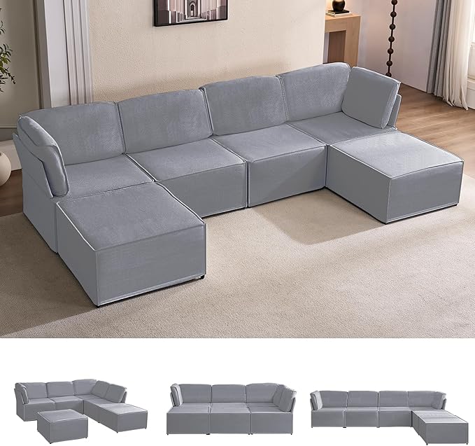 CECER Modular Sectional Sofa U Shaped Convertible Couch Sofa with Reversible Chaises Queen Sleeper Sofa Modular Oversized Sofa Couches for Living Room (Light Grey)