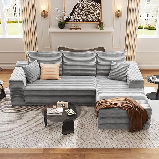 107 Cloud Sectional Couch with L-Shape Chaise Modern Modular Sofa with Deep Seat Corduroy Upholstered Couches for Living Room BedroomNo Assembly Required(Grey Right Facing)