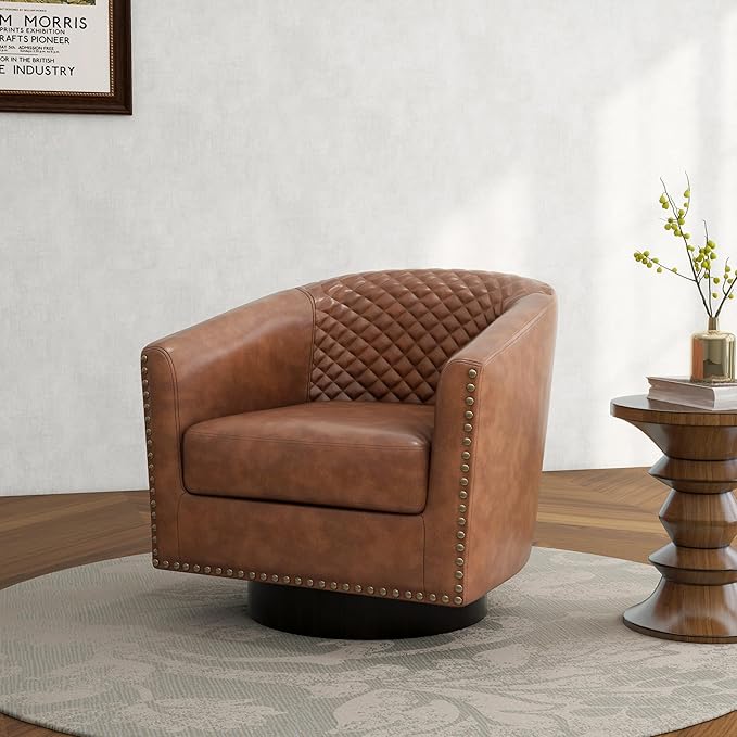 Swivel Barrel Accent Chair Set of 2 Comfy Modern Upholstered Round Faux Leather Arm Chair for Living Room Bedroom - Brown