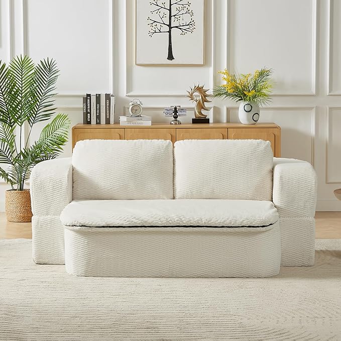 2-in-1 Convertible Sofa Bed 74.8 Memory Foam Boneless Couch Bed Full Size Love Seat Sleeper Sofa Floor Couch Loveseat with 2 Pillows for Living Room Bedroom Apartment Office No Assembly Cream