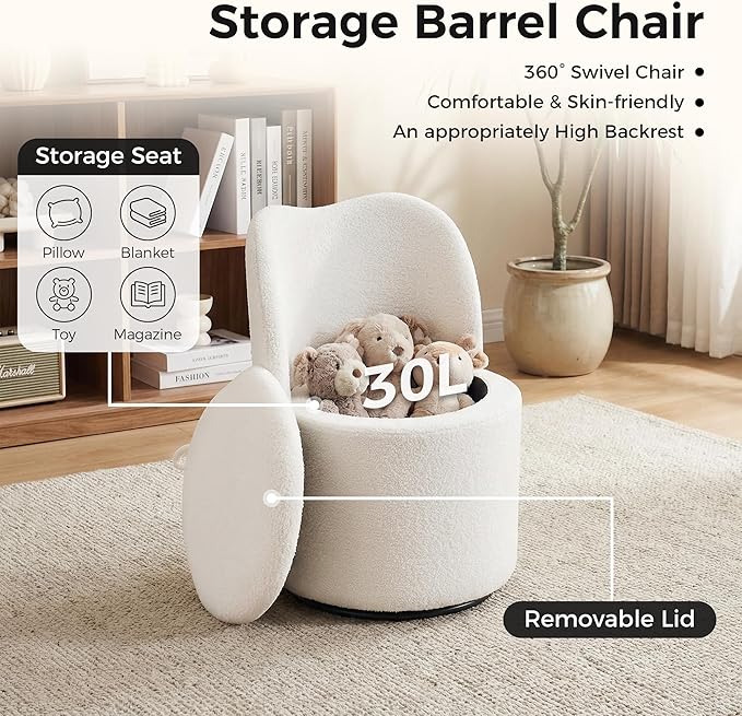 Swivel Teddy Vanity Chair with Storage Upholstered Vanity Stool with Back Sherpa Vanity Stool Chair Round Makeup Chair Swivel Accent Chair Barrel Armchair Soft Padded Seat for Living Room Bedroom
