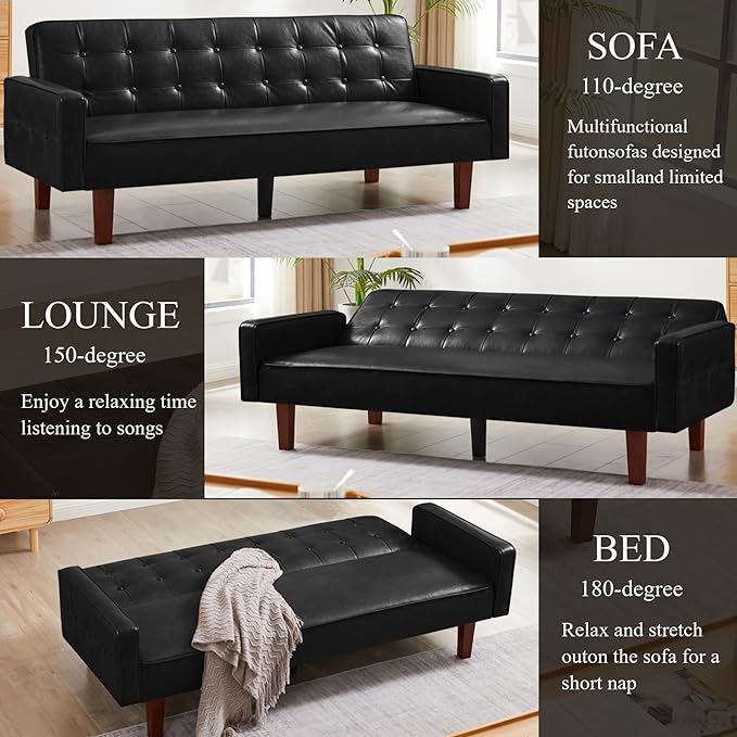 74 Futon Sofa Bed Mid Century Modern Futon Couch Sleeper Sofa Small Sofa Cama Loveseat Couches for Living Room Bedroom (Faux Leather Black)