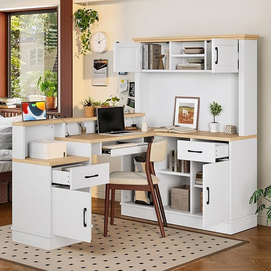 Bellemave L-Shaped Computer Desk with Power Outlet &amp Storage - Modern Corner Gaming Desk with Bookshelf and Drawers Study Writing Workstation for Home Office