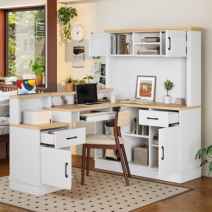 L-Shaped Computer Desk with Bookshelf Cabinets and Drawers Modern Corner Office Desk with Outlet Wood Study Writing Desk for Home Office Bedroom Living Room (White-11.7)