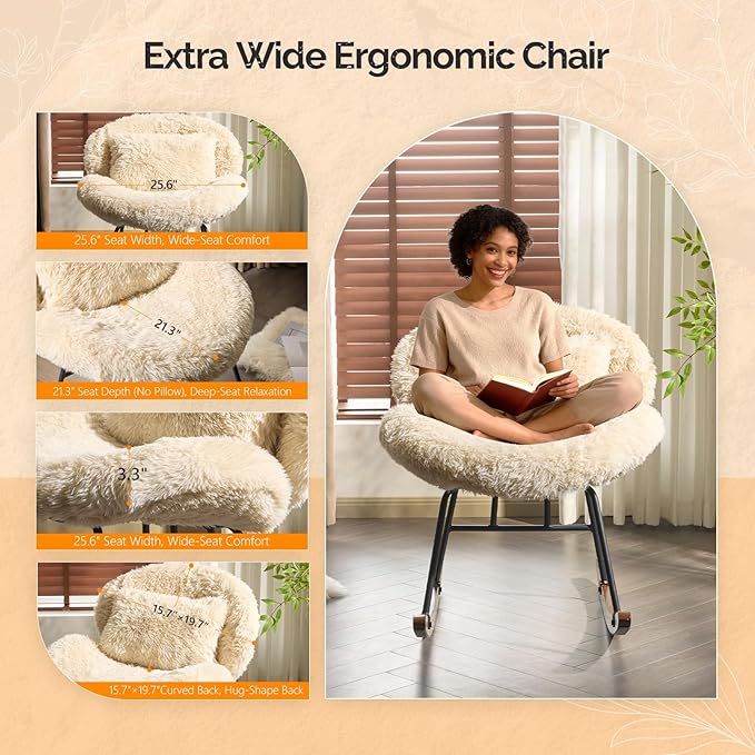 VINGLI 25.6 Extra Wide Nursery 115° Armless Rocking Chair Curved Cute Cross-Legged Glider Chair with Pillow &amp Solid Wood Nursing Chair for Bedroom Living Room Fluffy Fleece Khaki