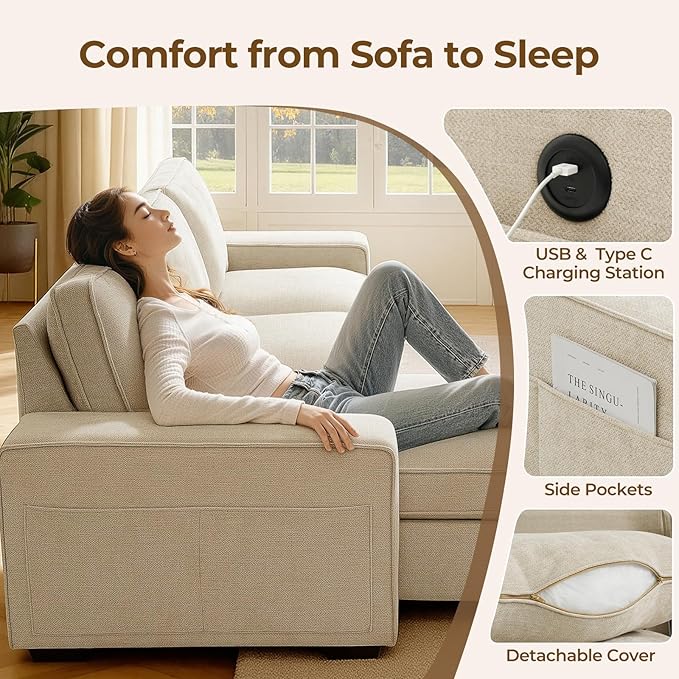 99 Sectional Sleeper Sofa Couch Chenille Convertible Chaise 3 Seats L-Shaped Sofa with 110L Storage Deep SeatWide Armrest USB Type-C ChargingRemovable Covers for Living Room Apartments Beige