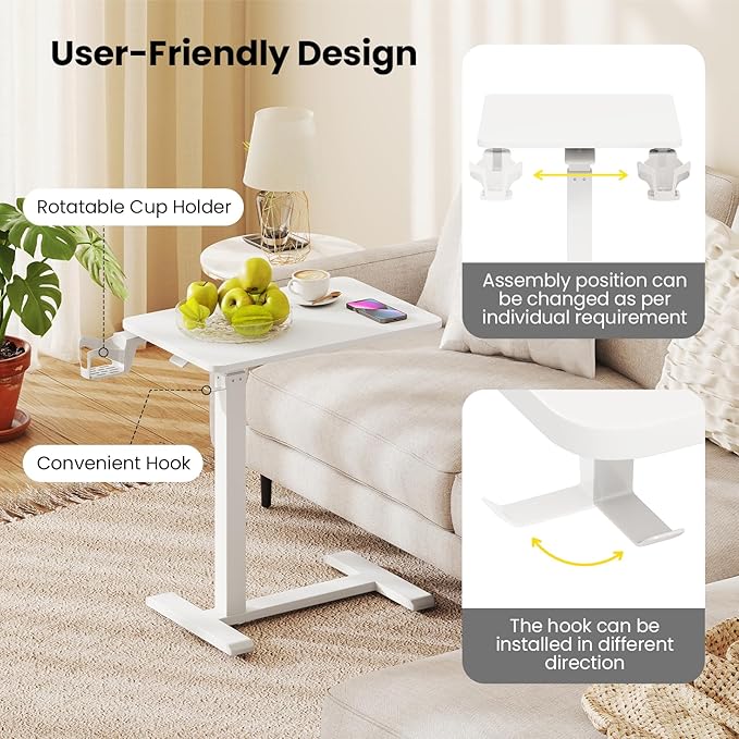 GOFLAME Rolling Standing Desk C Shaped End Table Adjustable Height with Hidden Wheels Cup Holder &amp Headphone Hook Mobile Sofa Couch Bed Side Table for Living Room Home Office (White)