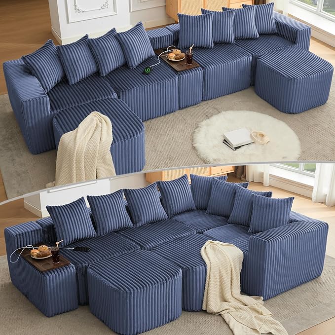KEIKI 137.5 Modular U-Shape Sectional Sofa Extra-Large Corduroy Couch with Movable Footstool Cup Holders &amp Wireless Charging Board No-Assembly Flexible Seating for Apartments &amp Entertainin