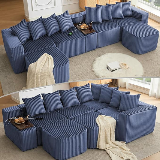 KEIKI 137.5 Modular U-Shape Sectional Sofa Extra-Large Corduroy Couch with Movable Footstool Cup Holders &amp Wireless Charging Board No-Assembly Flexible Seating for Apartments &amp Entertainin