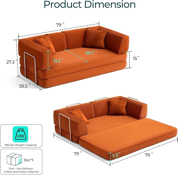 LINSY HOME Sofa Bed Couch - Convertible Boneless Couch Bed with 2 Pillow (Orange) | Folding Sofa Bed Corduroy Material No Assembly Compressed Sofa Couch in a Box