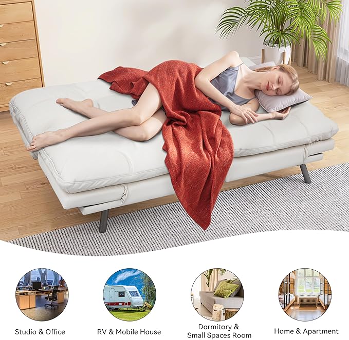 Convertible Faux Leather Sofa CouchMemory Foam Futon Couch BedSmall Splitback Modern Loveseat Sleeper Sofa Bed for Living Room Office Apartment Pear White