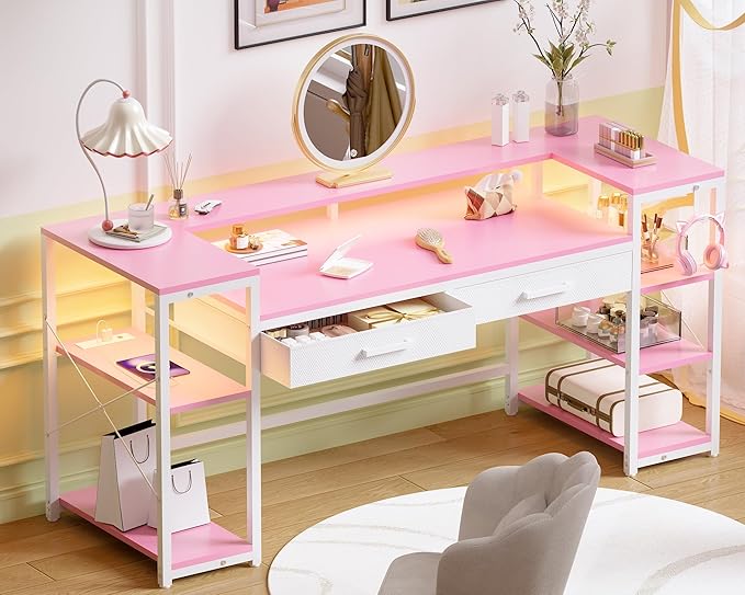 Pamray 58 Inch Computer Desk with Monitor Stand and Shelves Gaming Desk with LED Lights &amp Power Outlets PC Vanity Table with 2 Drawers for Home Office Pink
