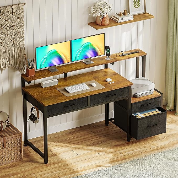 AODK Computer Desk with 4 Drawers 48 Inch Office Desk with Printer Shelf &amp Built-in Power Outlet Work Desk with Monitor Shelf for Home Small Spaces Rustic Brown