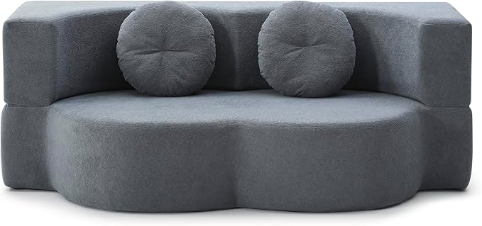 76 Convertible Folding Futon Sofa Bed Queen Sleeper Sofa with Pillow Teddy Fabric Floor &amp Futon Loveseat Couch Foam Folding Mattress Sleeper for Living Room Guest Use OfficeApartment (Grey)