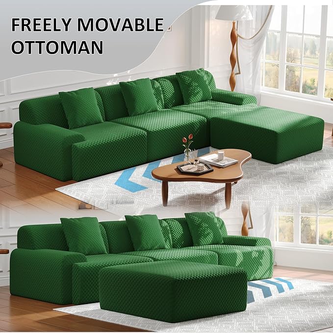 113 Modular Sectional Sofa Upholstered 3-Seater Sofa with Movable Ottoman Oversized 4-Seater Couch with 3 Throw Pillows High-Density Foam No Assembly Free Combinations