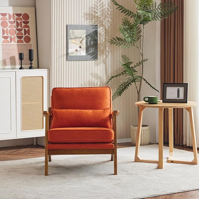 Karl home Accent Chair Wide Armrest Mid-Century Lounge Chair Linen Fabric Armchair with Lumbar Pillow &amp Solid Wood Frame for Living Room Bedroom Balcony Burnt Orange