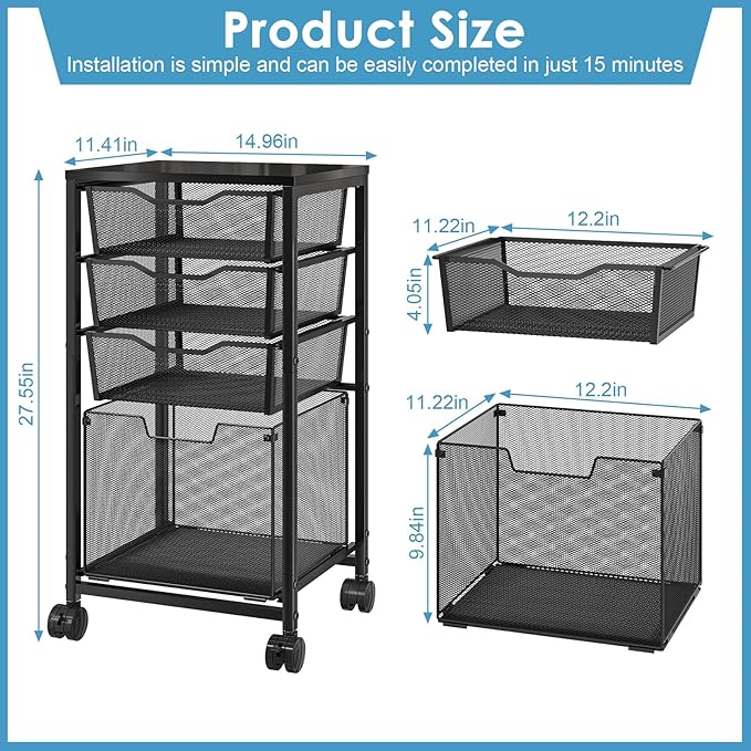 4 Drawers Rolling File Cart Under Desk Mobile Filing Cabinet with Wheels File Cabinets for Home Office Hanging File Folder Organizer Utility Craft Cart Printer Stand Black
