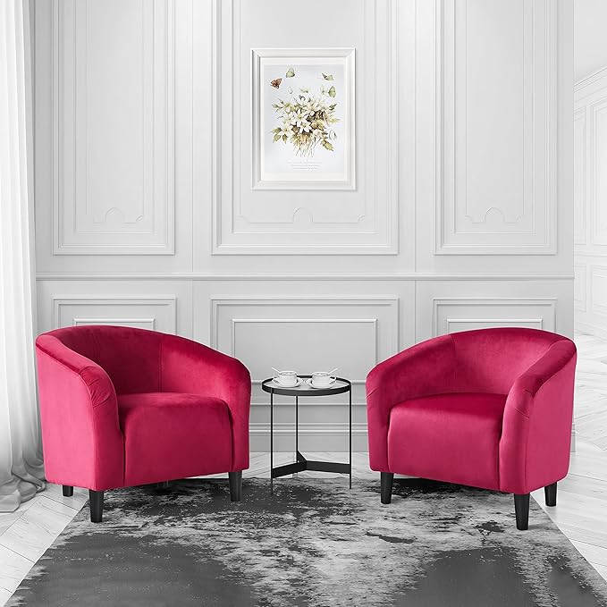 Yaheetech Accent Chairs Velvet Barrel Chair Cozy Club Chairs with Sturdy Legs and Soft Padded Seat for Bedroom/Living Room/Reading Room Rose Red Set of 2