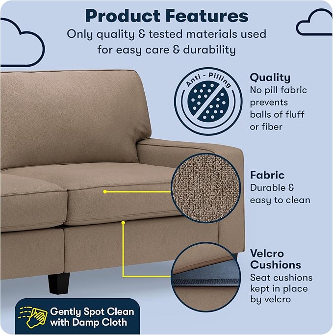 Serta Palisades 78 Track Arm Sofa Easy Care Polyester Soft Pillow Back Pocket Coil Seat Cushions Removable Covers Loveseat or Couch for Small Spaces Living Rooms or Bedrooms Tan