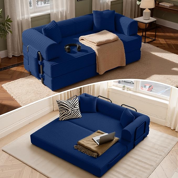 Convertible Corduroy Sleeper Sofa Bed with Cylindrical Pillow Folding Mattress Couch with Fixed-Shape Frame Floor Sofa Lounge Couch for Living Room Bedroom Lounge Studio Blue