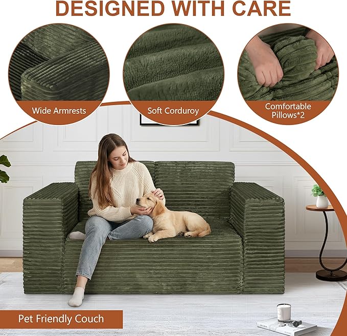 63 Boneless Cloud Couch Sofa 2 Seater Deep Seat Modern Lounge Sleeper Couch in a Box No Assemble Corduroy Compression Upholstered Small Couches for Small Spaces Apartment（Green）