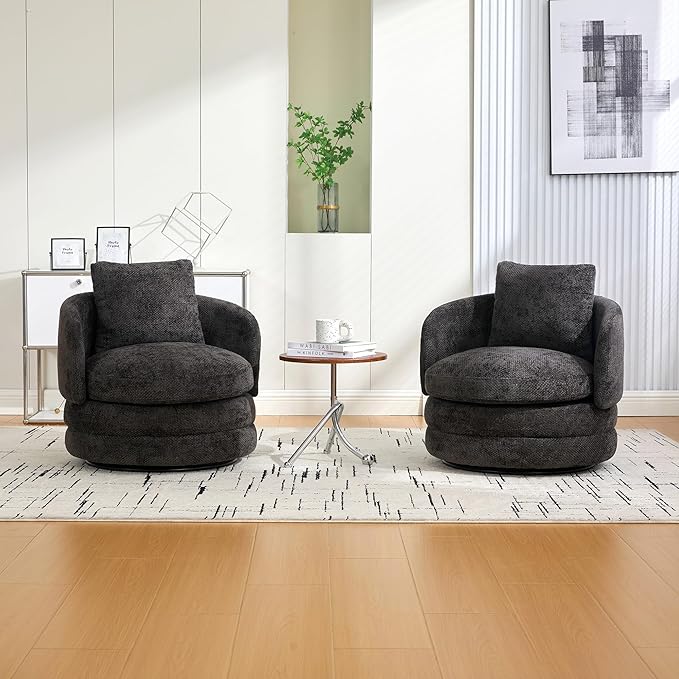 30 Modern Round Chenille Barrel Accent Chair 360° Swivel Ergonomic Comfy Upholstered with Pillow for Living Room Bedroom Reading Room Balcony Lounge Dark Gray