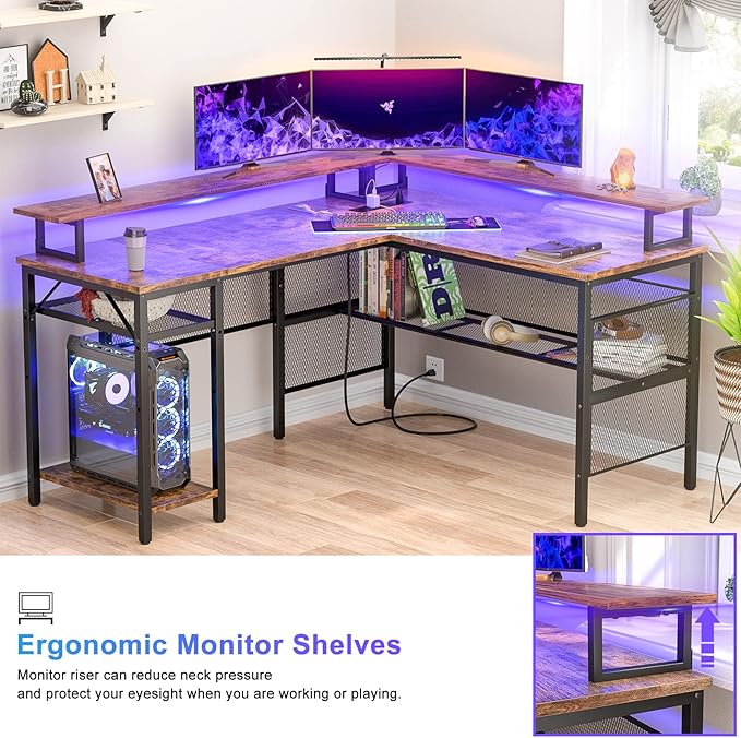 Unikito L Shaped Desk with LED Light and Power Outlet Reversible Corner Computer Table with Monitor Stand and Storage Shelf Modern L- Shaped Gaming Desk Ergonomic Home Office Desk Rustic Brown