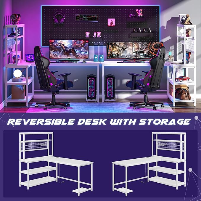 LITTLE TREE L-Shaped Computer Desk 55 Inch Reversible Office Desk Study Writing Table with Wireless Charging and Bookshelf for Home Office White
