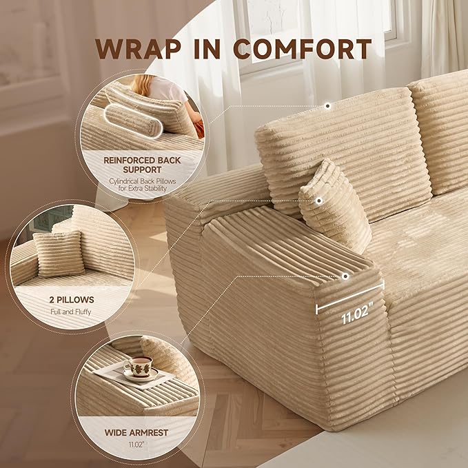 106″ Modular Sectional Sofa L-Shaped Chaise Lounge Cloud Couch with Deep Seat Convertible Boneless Sectional Couches for Living Room No Assembly Required Beige Plush Corduroy