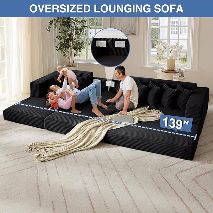 110'' Oversize Cloud Sectional Couches for Living Room Convertible Sleeper Sofa Bed Big Comfy Couch with 2 Side Pockets &amp 8 Pillows Corduroy Free-Combined (Black 110 -Left Facing Chaise)