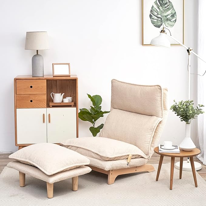 Floor Chair Single Lazy Sofa Leisure Balcony Reclining Japanese Tatami Adjustable Recliner with Ottoman for Living Room Bedroom Indoor Use (Stacked Footstool Beige)