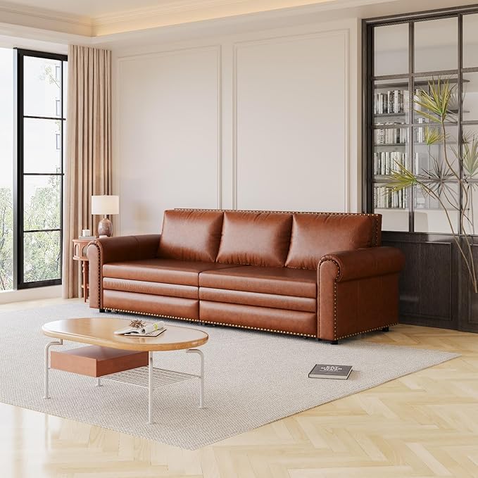 93.7 King Size Chesterfield 3-seat Pull Out Sofa Bed Leather Sofa Bed with Nailhead Trim and Rolled Arm 3-in-1 Sofa Sleeper for Living Room Apartment Office Light Brown