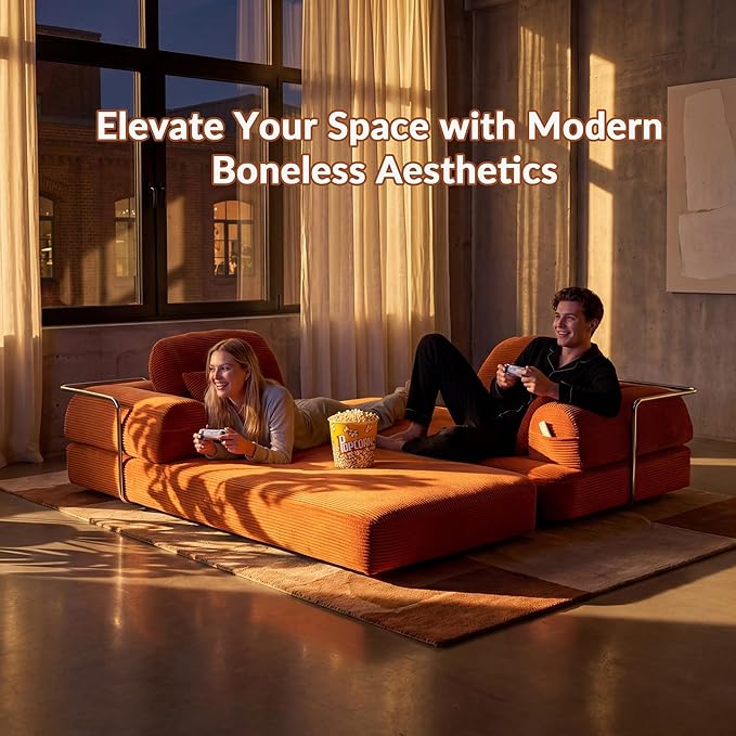 Convertible Modular Sofa Bed with Large Backrest Support &amp Storage Pockets Modern Corduroy Floor Couch for Small Apartment &amp Limited Space Ergonomically Designed Furniture (Orange 82'')