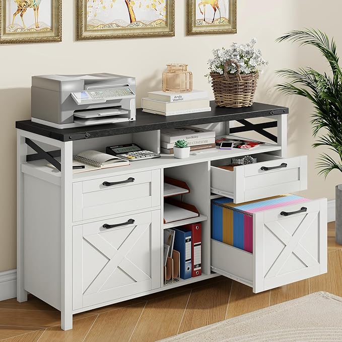 Lateral File Cabinets 4 Drawers with Open Storage Shelf Farmhouse Filing Cabinet with Adjustable Shelf for Home Office Filing Organization Storage Cabinets for Hanging Files Letter/A4. Black