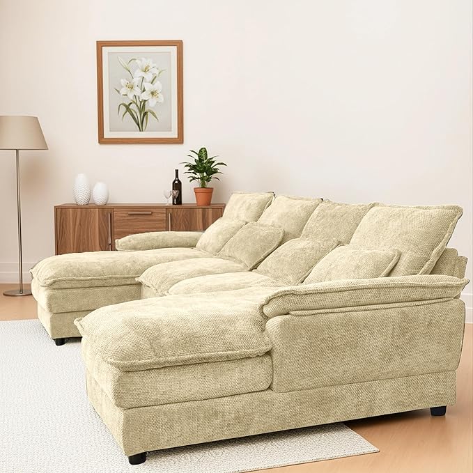 110 U Shape Sectional Sofa Cloud Couch for Living Room Upholstery Comfy Modular Sofas 4 Seat Chenille U-Shaped Sleeper Sofa with Chaise Lounge Pillows for Apartments Kakhi