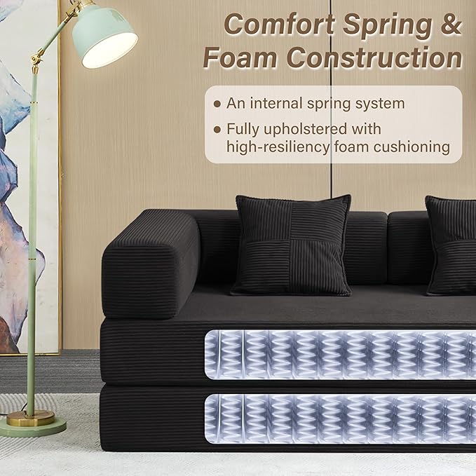 Compression Sofa - 78''Convertible Floor Sofa Bed - with Pillow Back Support Armrest - Comfy Foldable Sofa Bed Compressed Sofa in Box - Corduroy Fabric - for Living Room Bedroom - Obsidian