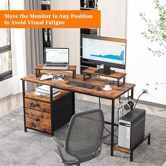 Furologee 47 Inch Computer Desk with Power Outlet Home Office Desk with Monitor Stand File Drawers Cabinet CPU Stand &amp Hooks Writing Table for Bedroom Study Work Rustic Brown (Rustic Brown)