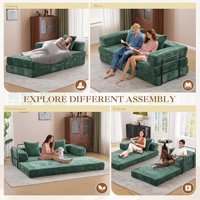 Antetek Modular Futon Sofa Bed Convertible Folding Chenille Comfy Memory Foam Floor 3 Seater Loveseat Sleeper Sofa Couch Bed Chaise Lounge with 2 Pillows for Guest Room Living Room Office Green