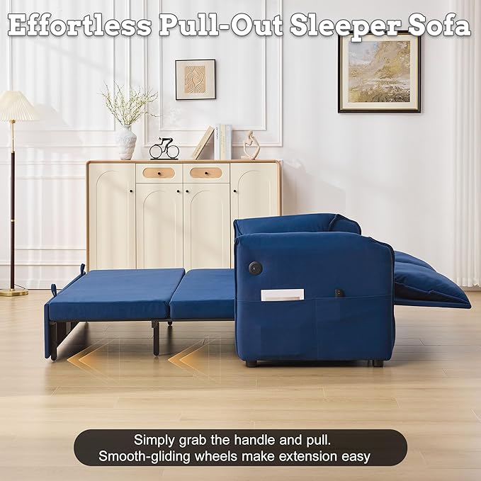 63 Velvet Pull Out Sofa Bed 3-in-1 Convertible Futon Loveseat Queen Sleeper Sofa Couch Bed with Adjustable Backrest USB Ports &amp Side Pockets Modern Sofas for Living Room Apartment Blue