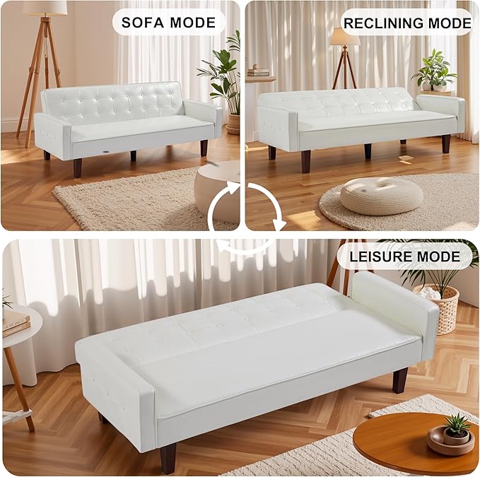 74 Modern Futon Couch Futon Sofa Bed Mid Century Sofa Bed Loveseat Couches for Small Spaces Living Room Bedroom (Faux Leather White)