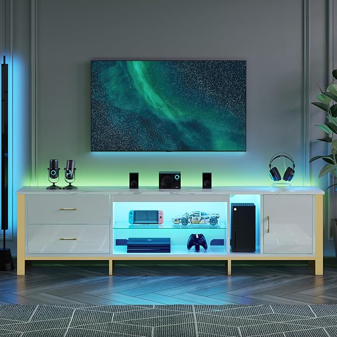 Bestier TV Stand for 75/80/85 inch TVs LED Gaming Entertainment Center Media Console with Glass Shelves for Living Room 2 Storage Drawers &amp Cabinets for Bedroom White Glossy