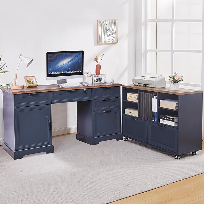 60 Farmhouse Executive Desk with 40 Mobile File CabinetL Shaped Desk Set with Charging StationOffice Desk with Storage DrawersWood Computer Desk Set for Office WorkHome Study