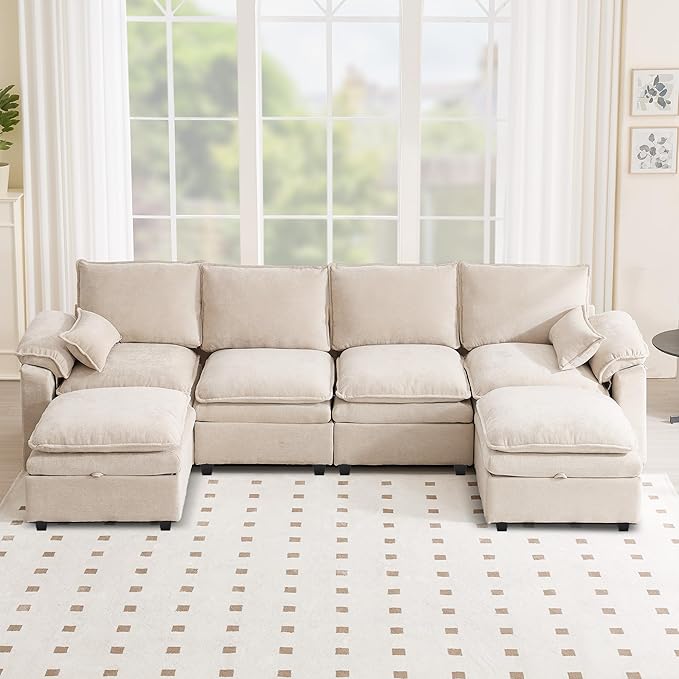 130 U Shaped Modular Sectional Sofa Couch with Ottoman Storage Chenille Cloud Couch with Plush Deep Seating for Living Room Bedroom (Beige 7 Seat)