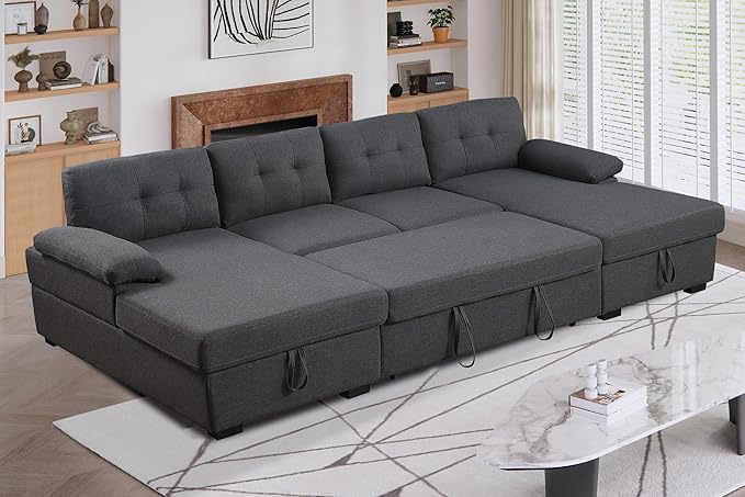 BEEY Sectional Sleeper Sofa 120 Oversized Couch Bed 4 Seat Sofa Bed U Shaped Sectional Couch with Pull Out Bed and Double Storage Chaise for Living Room Bedroom Dark Grey