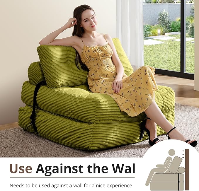 Folding Sofa Bed Convertible Sleeper Chair with Pillow Foldable Mattress with Back Support Portable Floor Sofa Lounge for Living Room Bedroom Dorm(Green Single)
