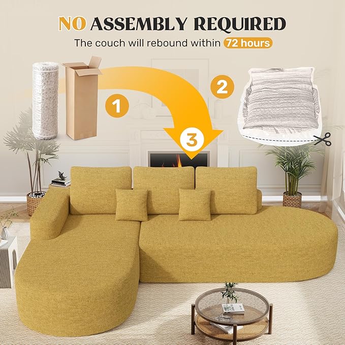 112 Modern Curved Cloud Couch Chenille Boneless Couches for Living Room with Deep Seat Memory Foam Compressed Modular Sectional Sofa No Assembly RequiredYellow 1 PCS